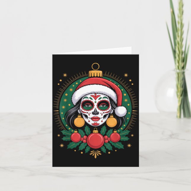 Christmas Sugar Skull Art Woman Santa Hat Festive  Kort (Framsida)