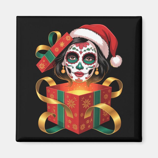 Christmas Sugar Skull Art Woman Santa Hat Festive  Magnet (Framsidan)