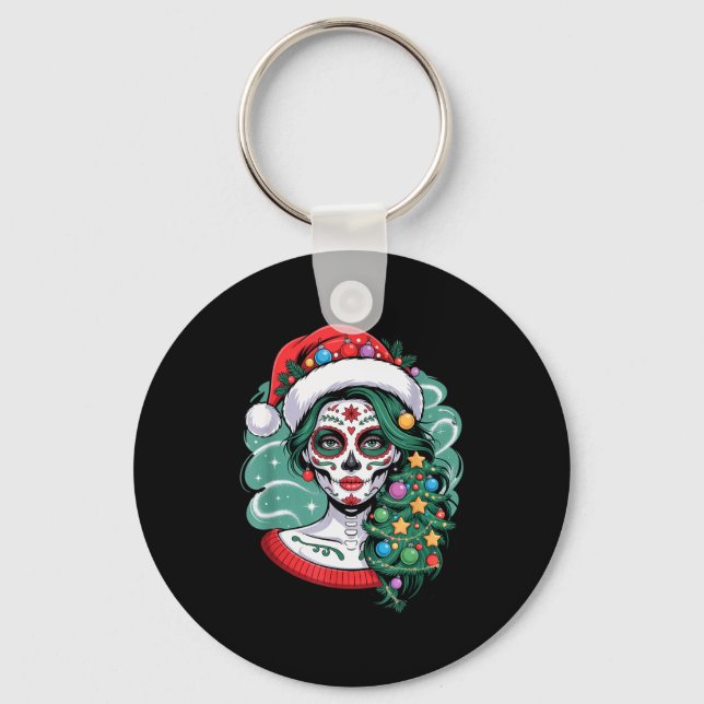 Christmas Sugar Skull Art Woman Santa Hat Festive  Nyckelring (Framsida)