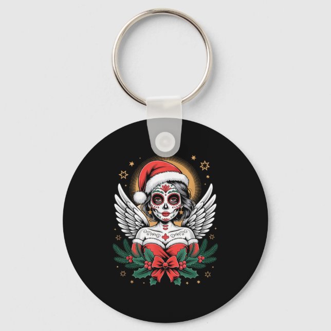 Christmas Sugar Skull Art Woman Santa Hat Festive  Nyckelring (Framsida)