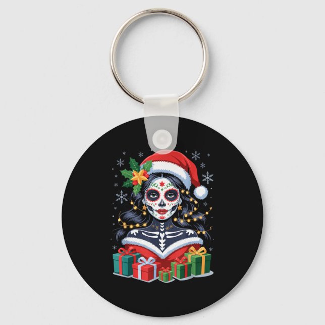 Christmas Sugar Skull Art Woman Santa Hat Festive  Nyckelring (Framsida)