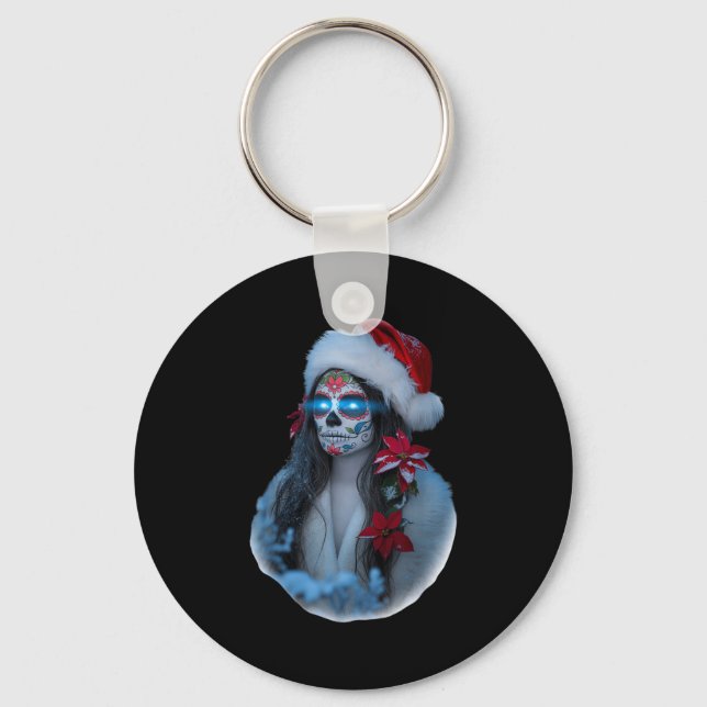 Christmas Sugar Skull Art Woman Santa Hat Festive  Nyckelring (Framsida)