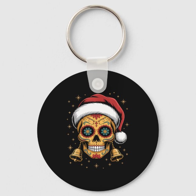 Christmas Sugar Skull Art Woman Santa Hat Festive  Nyckelring (Framsida)
