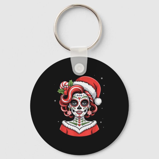 Christmas Sugar Skull Art Woman Santa Hat Festive  Nyckelring (Framsida)