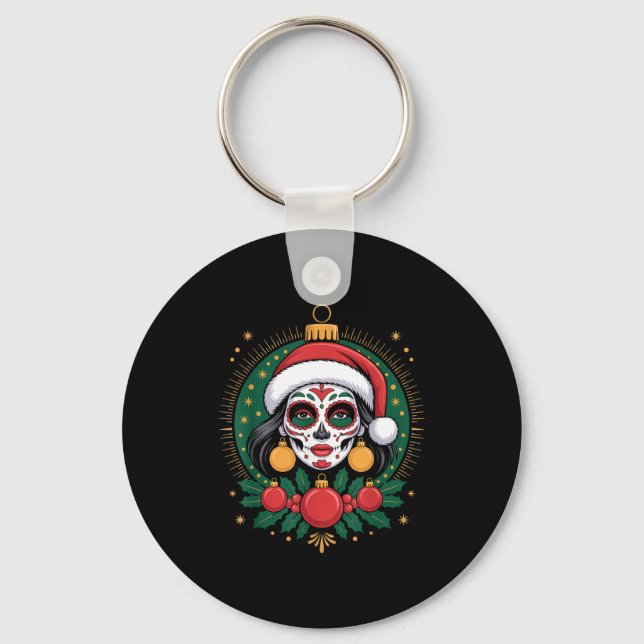 Christmas Sugar Skull Art Woman Santa Hat Festive  Nyckelring (Framsida)