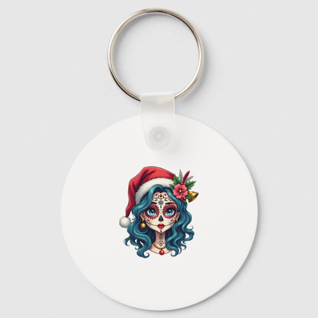Christmas Sugar Skull Art Woman Santa Hat Festive  Nyckelring (Framsida)