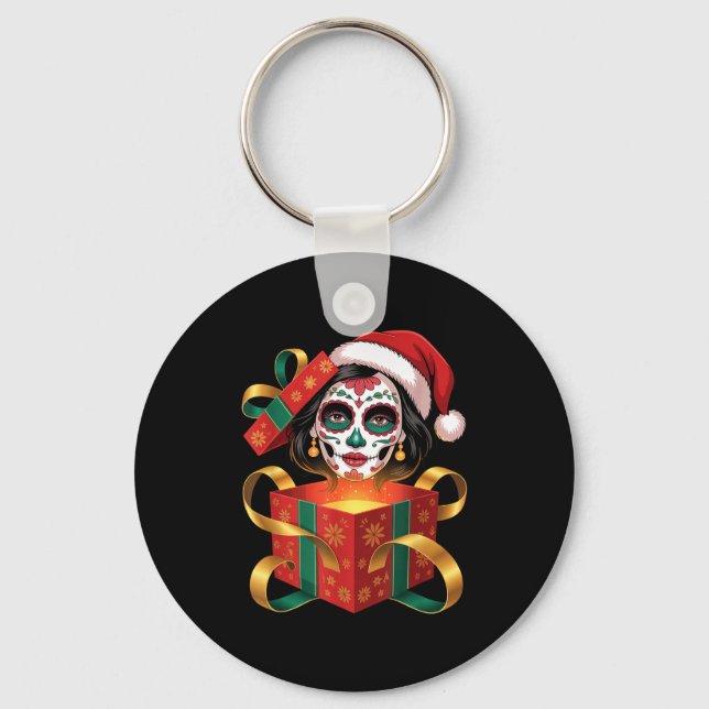 Christmas Sugar Skull Art Woman Santa Hat Festive  Nyckelring (Framsida)
