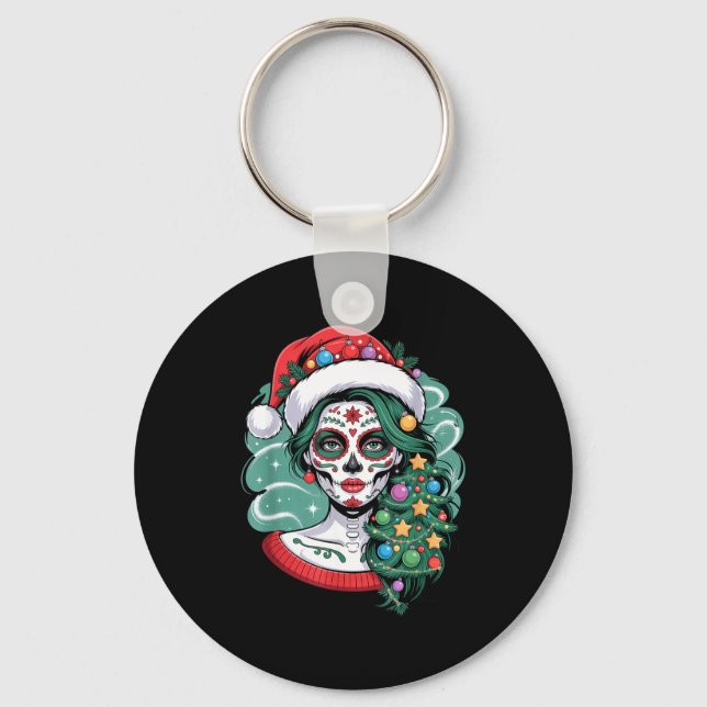 Christmas Sugar Skull Art Woman Santa Hat Festive  Nyckelring (Framsida)
