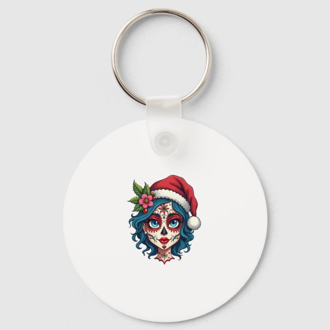 Christmas Sugar Skull Art Woman Santa Hat Festive  Nyckelring (Framsida)
