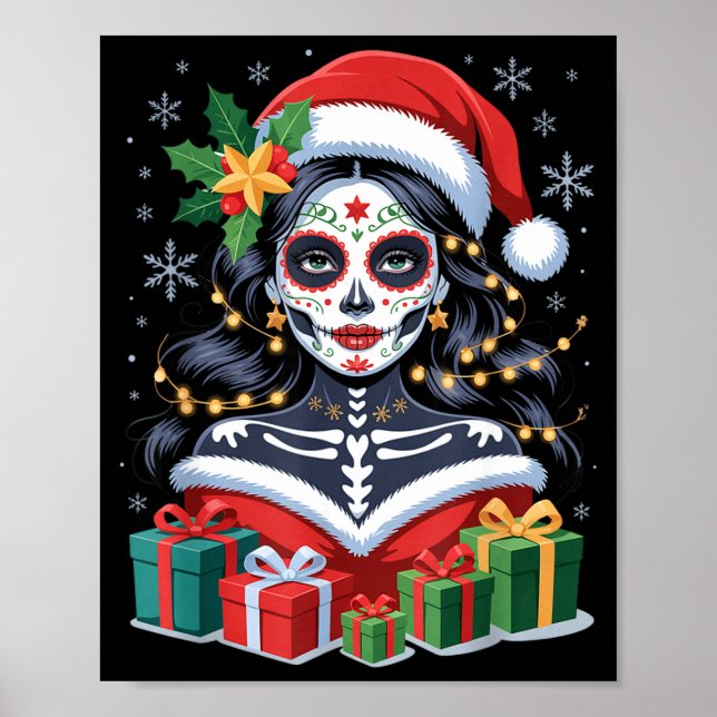 Christmas Sugar Skull Art Woman Santa Hat Festive  Poster (Framsidan)