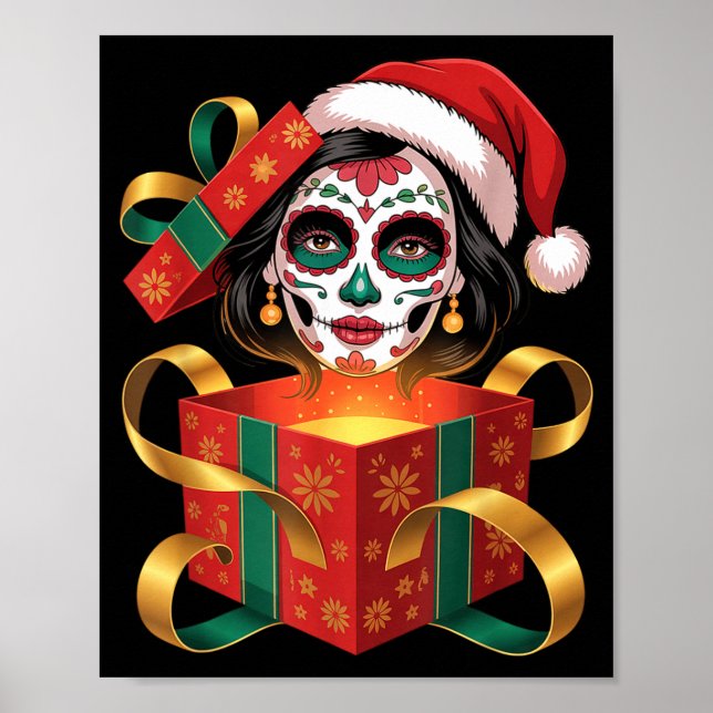 Christmas Sugar Skull Art Woman Santa Hat Festive  Poster (Framsidan)