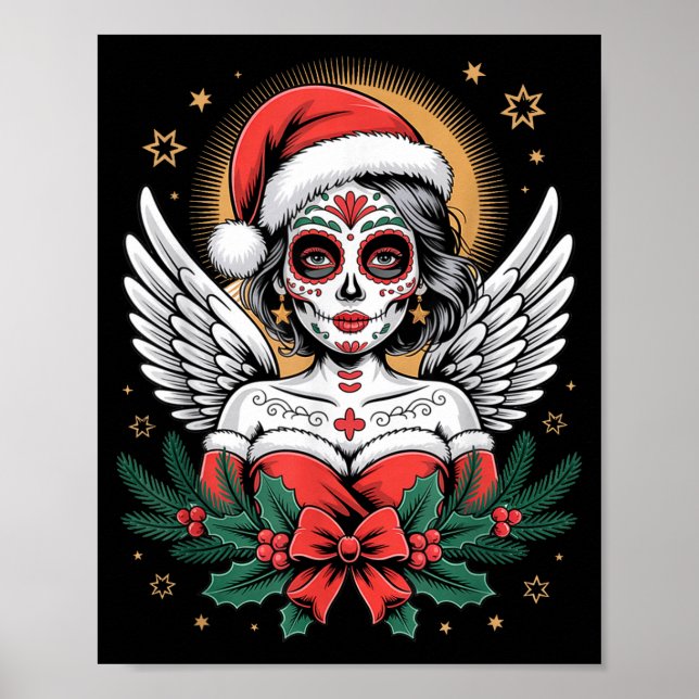 Christmas Sugar Skull Art Woman Santa Hat Festive  Poster (Framsidan)