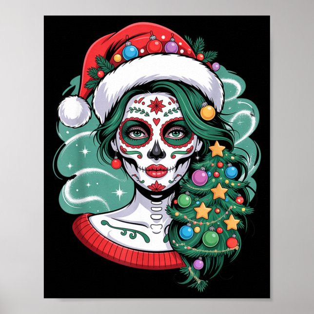 Christmas Sugar Skull Art Woman Santa Hat Festive  Poster (Framsidan)