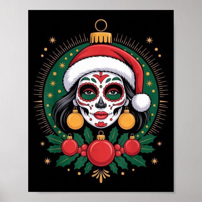 Christmas Sugar Skull Art Woman Santa Hat Festive  Poster (Framsidan)