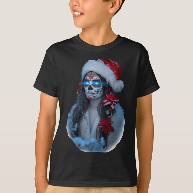 Christmas Sugar Skull Art Woman Santa Hat Festive  T Shirt (Framsida)