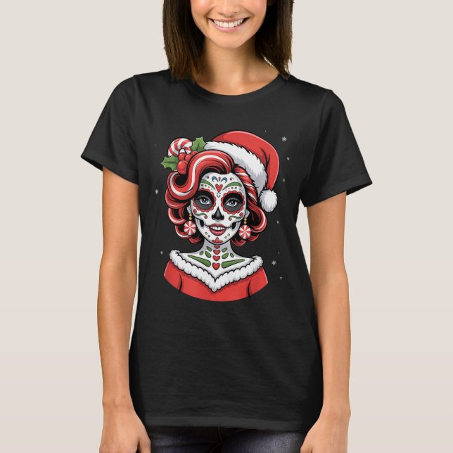 Christmas Sugar Skull Art Woman Santa Hat Festive  T Shirt (Framsida)