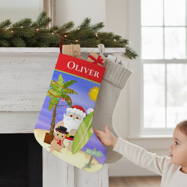 Christmas Summer Santa Beach Surfing Personalized Liten Julstrumpa (Skapare uppladdad)