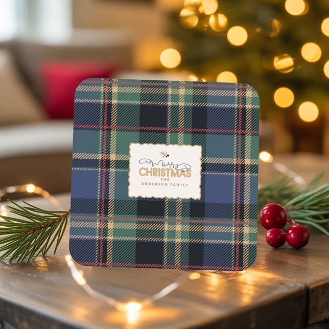 Christmas Tartan Navy Blue Green ID1141B Underlägg Papper Kvadrat (Skapare uppladdad)