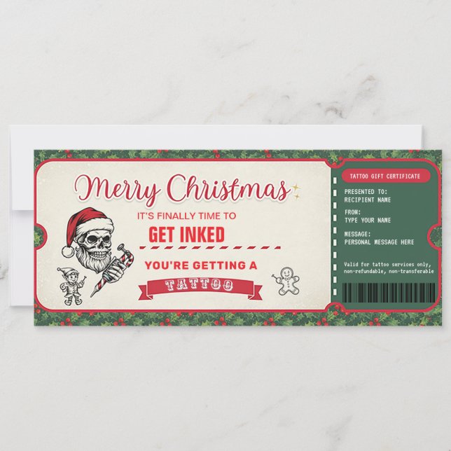 Christmas Tattoo Gift Certificate Card Voucher Inbjudningar (Framsida)