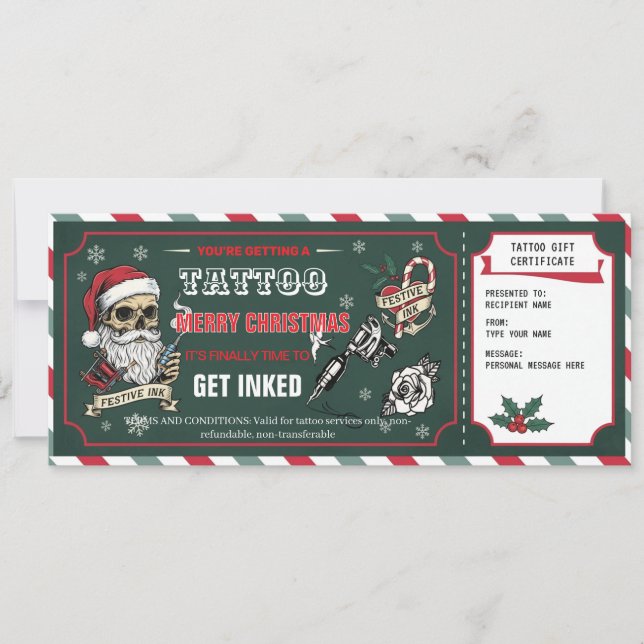 Christmas Tattoo Gift Certificate Card Voucher Inbjudningar (Framsida)