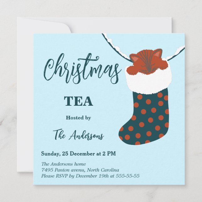 Christmas Tea Holly’s Boots Cat Party Invitation Inbjudningar (Framsida)