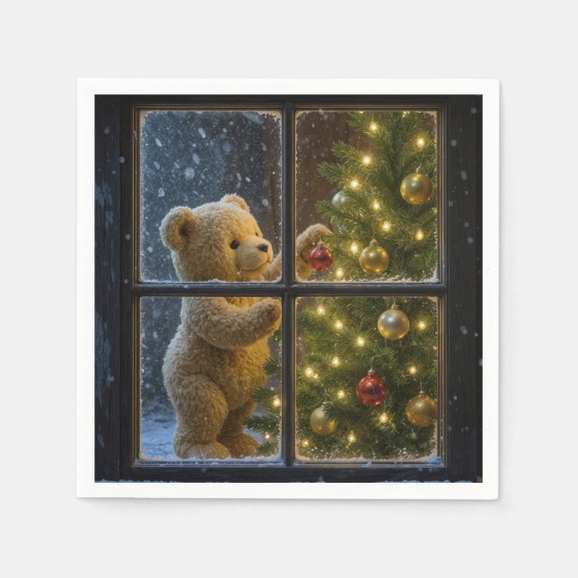 Christmas Teddy Bear Decorating a Tree Pappersservett (Framsidan)