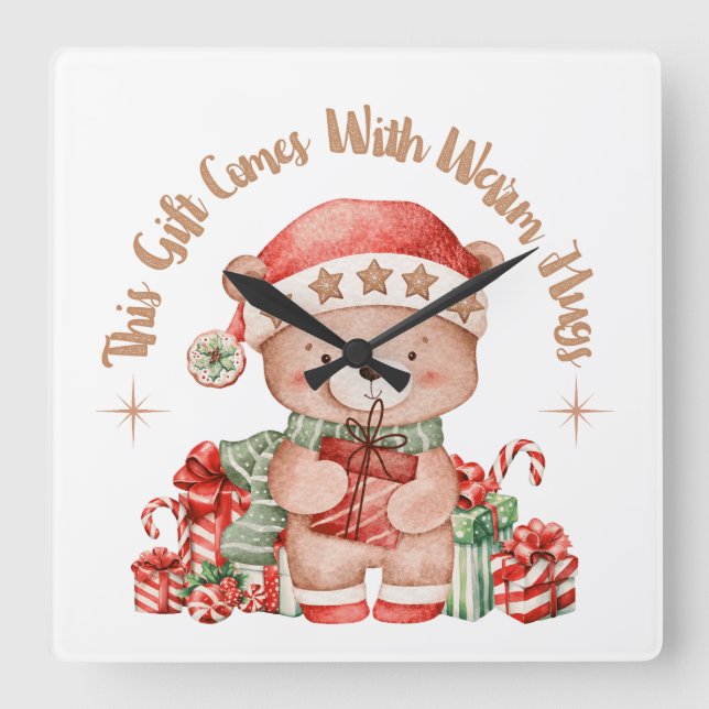 Christmas Teddy Bear Wall Clock Nursery Fyrkantig Klocka (Framsida)