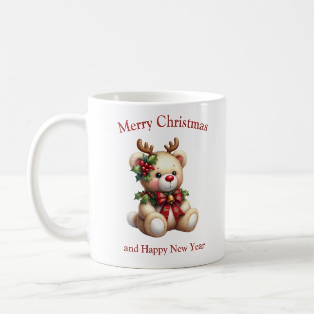 Christmas teddy bear with deer antlers mistletoe kaffemugg (Vänster)