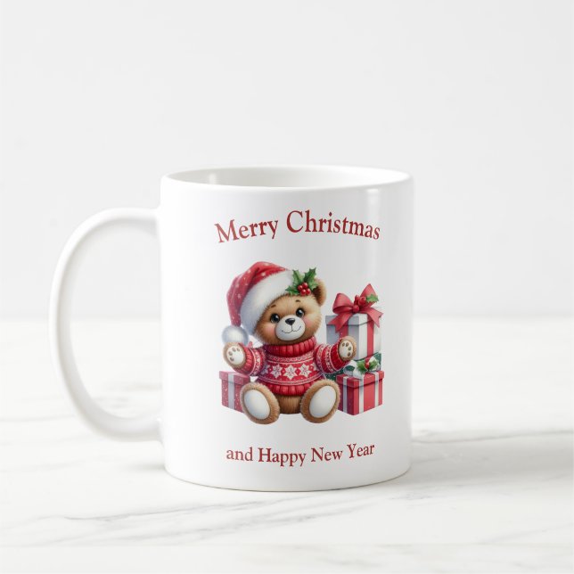 Christmas teddy bear with presents and mistletoe kaffemugg (Vänster)