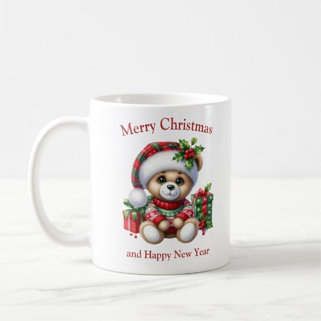 Christmas teddy bear with presents and mistletoe kaffemugg (Vänster)