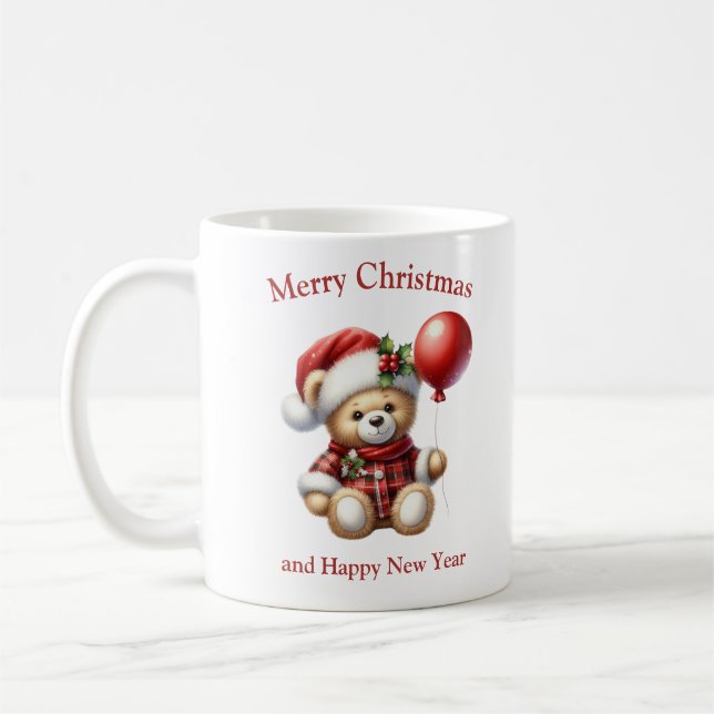 Christmas teddy bear with red balloon mistletoe kaffemugg (Vänster)