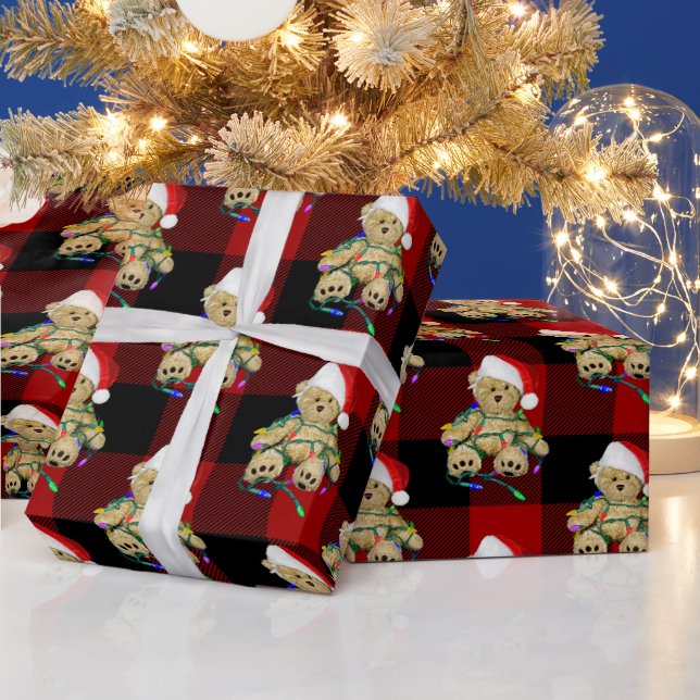 Christmas Teddy Bears On Buffalo Plaid Presentpapper (Helgdagar)