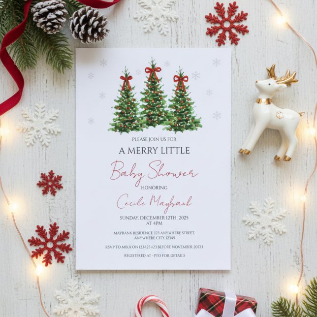 Christmas Themed Baby Shower Invitation Inbjudningar (Elegant Christmas themed baby shower invitation with red bows and winter trees on white.)