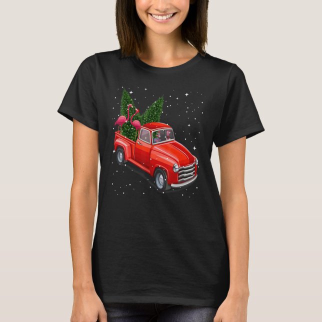 Christmas Three Flamingo Ride Red Truck Xmas Santa T Shirt (Framsida)