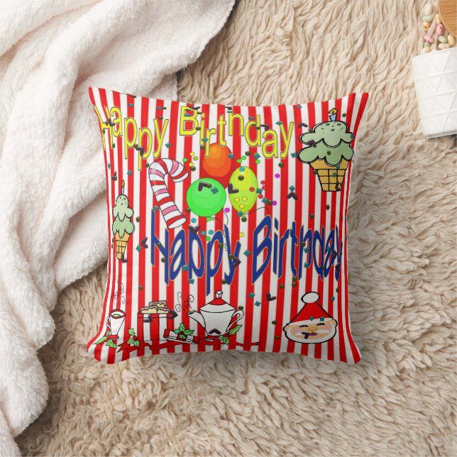 Christmas Throw Pillow, Stripe Happy Birthday Kudde (Filt)