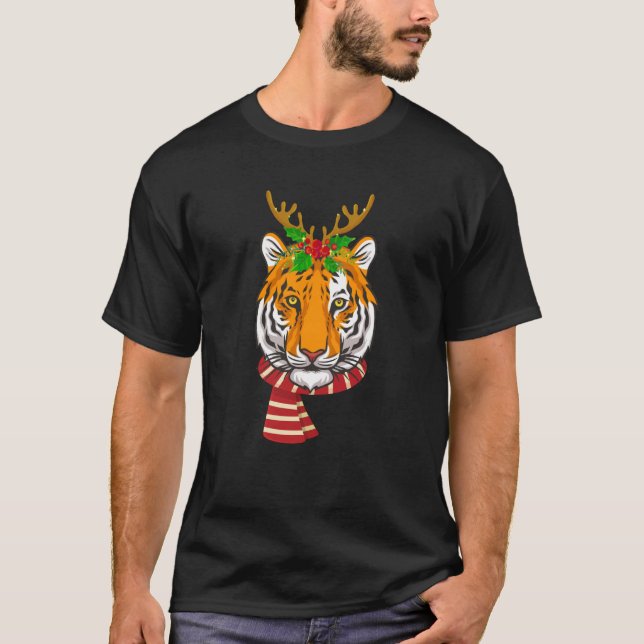 Christmas Tiger Cat Santa Clause Reindeer Xmas Tig T Shirt (Framsida)