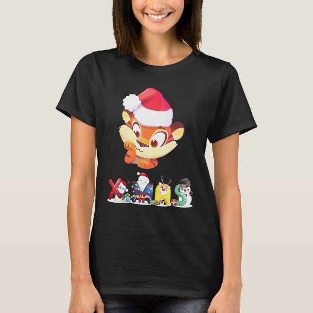 Christmas Tiger Face Tree Snow  Pajama Xmas 2021   T Shirt (Framsida)
