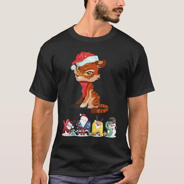 Christmas Tiger Face Tree Snow  Pajama Xmas 2021   T Shirt (Framsida)