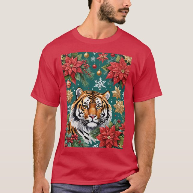 Christmas Tiger With Poinsettias & Snowflakes T Shirt (Framsida)