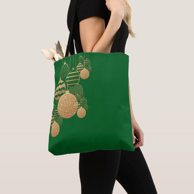 Christmas tote bag with baubles - green background tygkasse (Närbild)