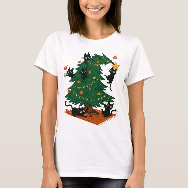 Christmas Tree And Cat T Shirt (Framsida)