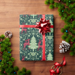 Christmas Tree and Reindeer -Folk Art - Green Presentpapper