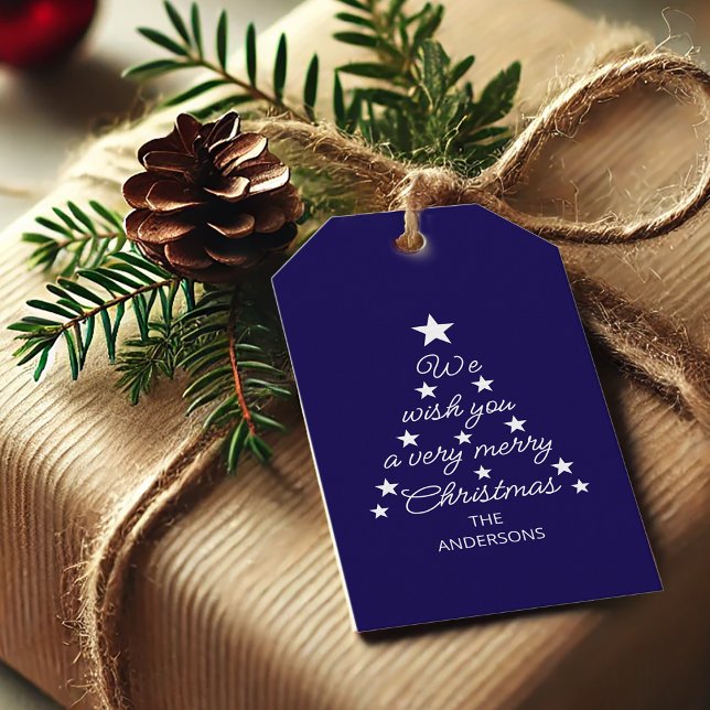 Christmas Tree Blue White Stars & Name Typography  Presentetikett (Skapare uppladdad)