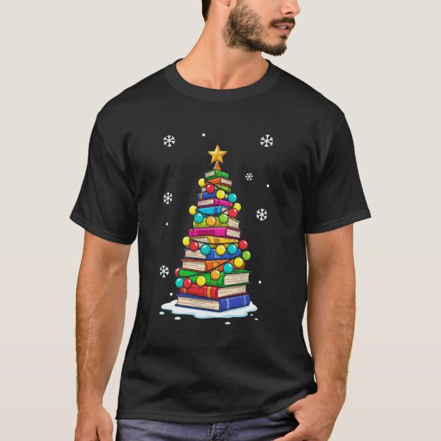 Christmas Tree Books Reading Lover T Shirt (Framsida)