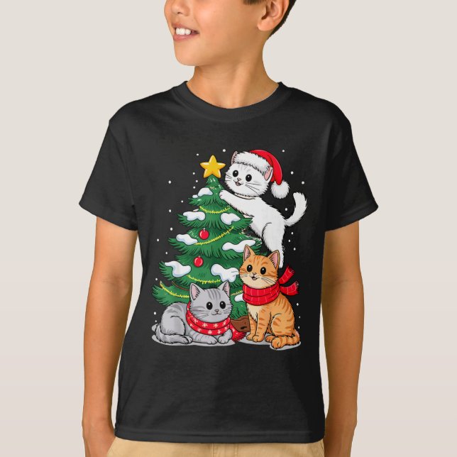 Christmas Tree Cats Xmas  T Shirt (Framsida)