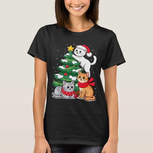 Christmas Tree Cats Xmas  T Shirt (Framsida)