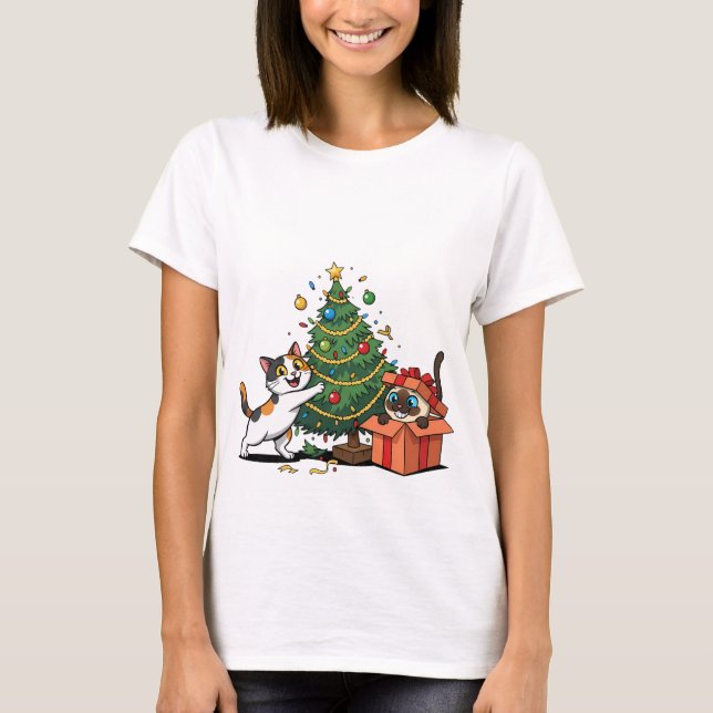 Christmas Tree & Gift Surprise Cats  T Shirt (Framsida)