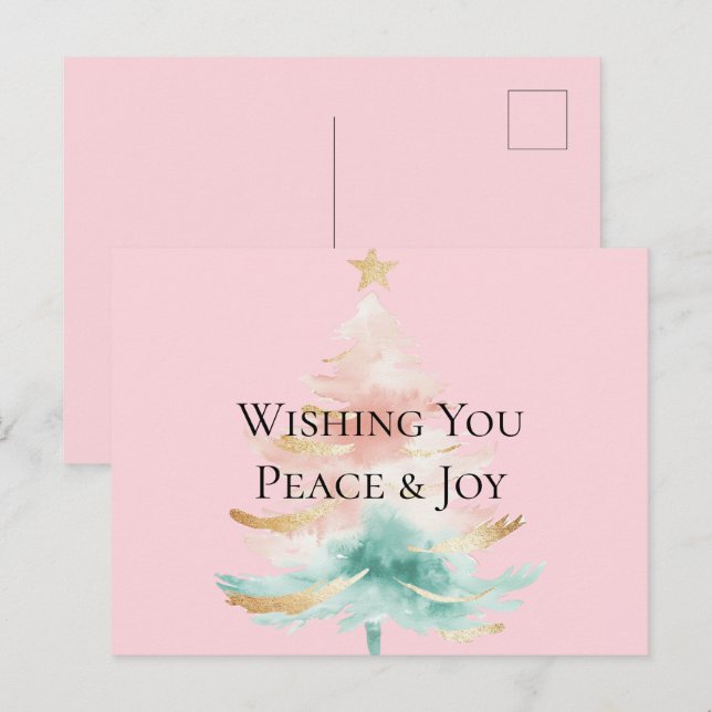 Christmas Tree Gold Blush Pink Mint Peace Joy Vykort (Fram/baksida)
