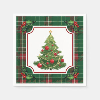 Christmas Tree Green Plaid with Holly Pappersservett