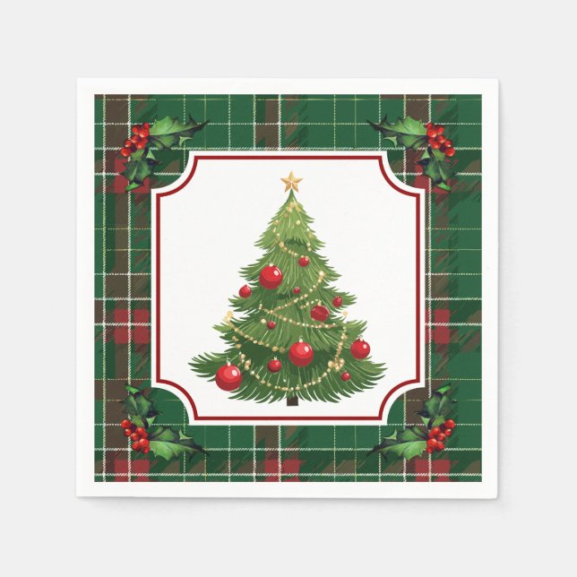 Christmas Tree Green Plaid with Holly Pappersservett (Framsidan)